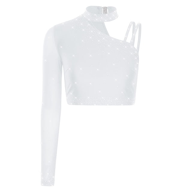 Kaerm Womens Shiny Rhinestone Dance Top Asymmetrical Shoulder Long Sleeve Figure Skating Costume Crop Top White M