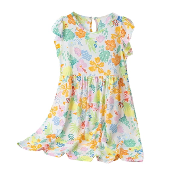vigerkar Summer Dresses for Girls Beach Vacation Clothes V Neck Ruffle Sleeve Babydoll Dress Elegant Sundress (Yellow, 4-5 Years)