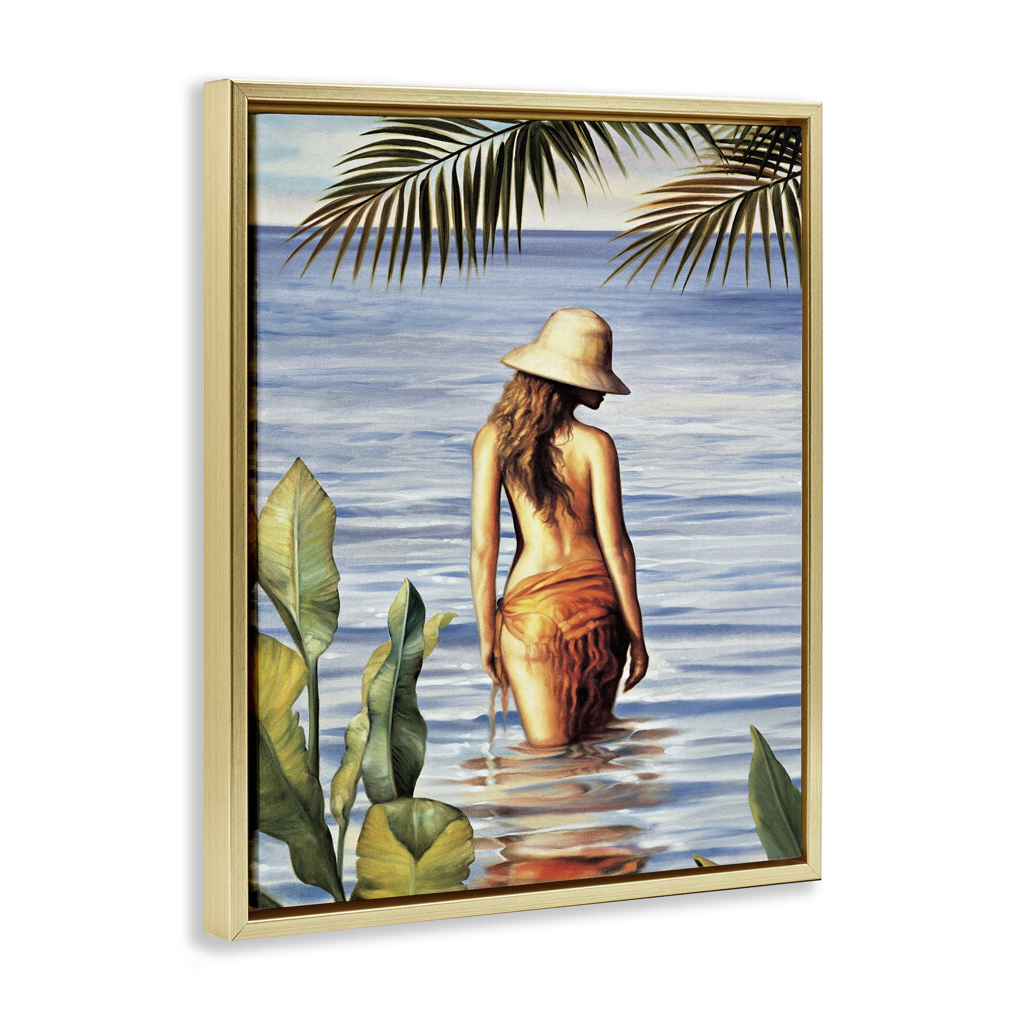 Stupell Industries Woman Wading Beach People Painting Gold Floater Framed Canvas Art Print Wall Art, 25 x 31