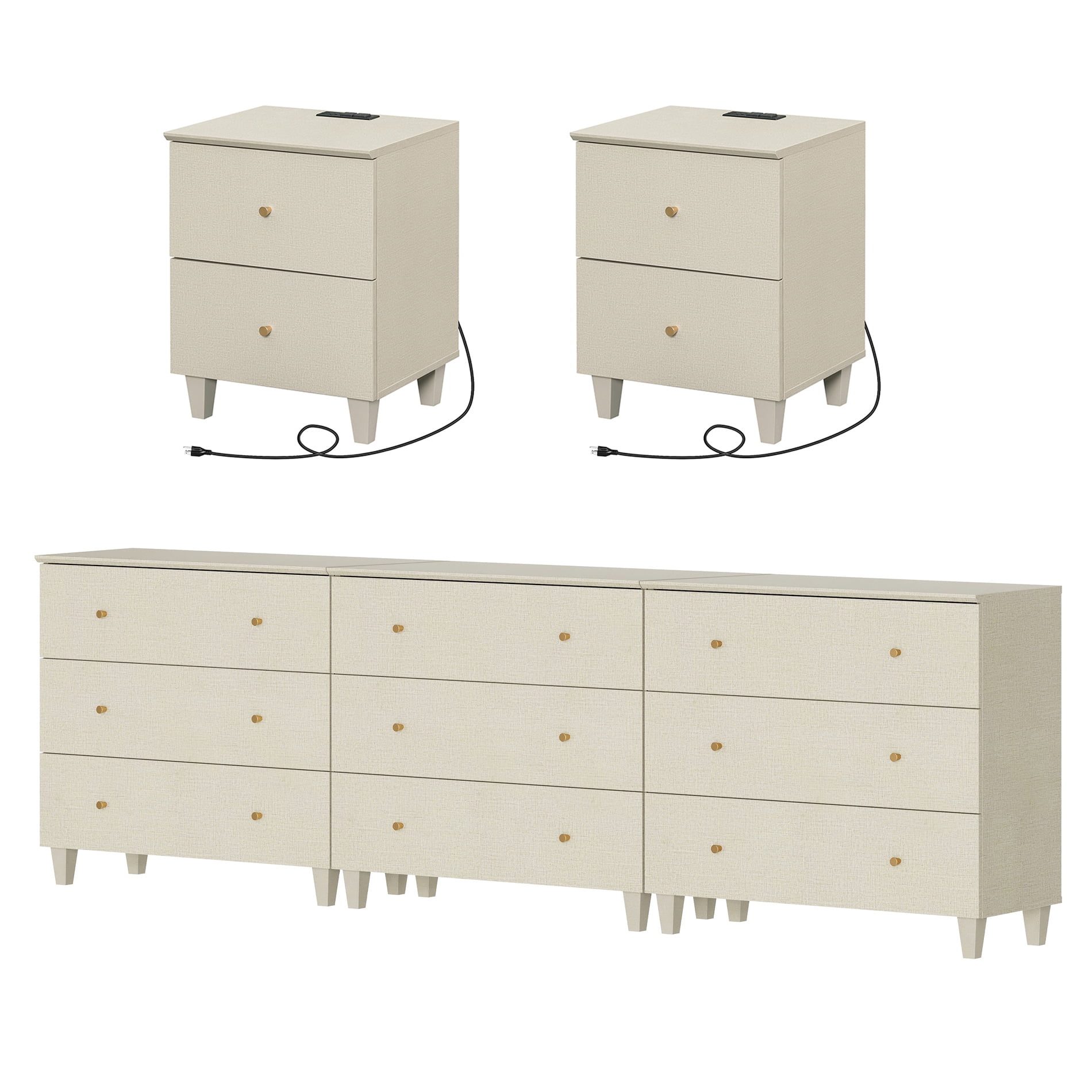 WAMPAT Dresser and Nightstands Set of 5, Wood Dressers with 9 Drawers, 2 Pieces Nightstands with Charging Stations for Living Room, Beige Linen Printed