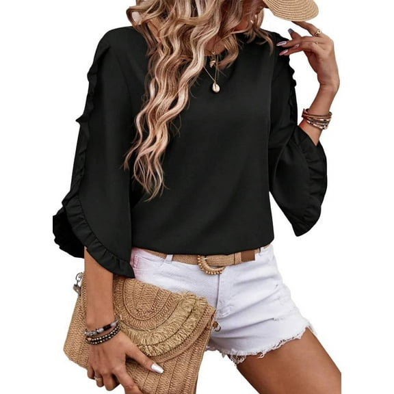 Round Neck Lace Irregular Three-Quarter Sleeve Top Black S