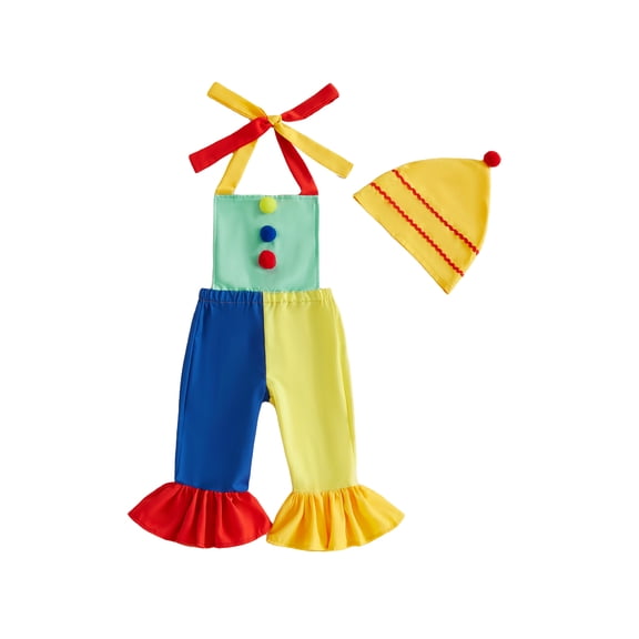 RUINIXCW Kids Toddler Baby Girl Halloween Outfit Clown Costume Halter Romper Baby Girl Summer Fall Clothes Sleeveless Bell Bottom Flared Jumpsuit Hat