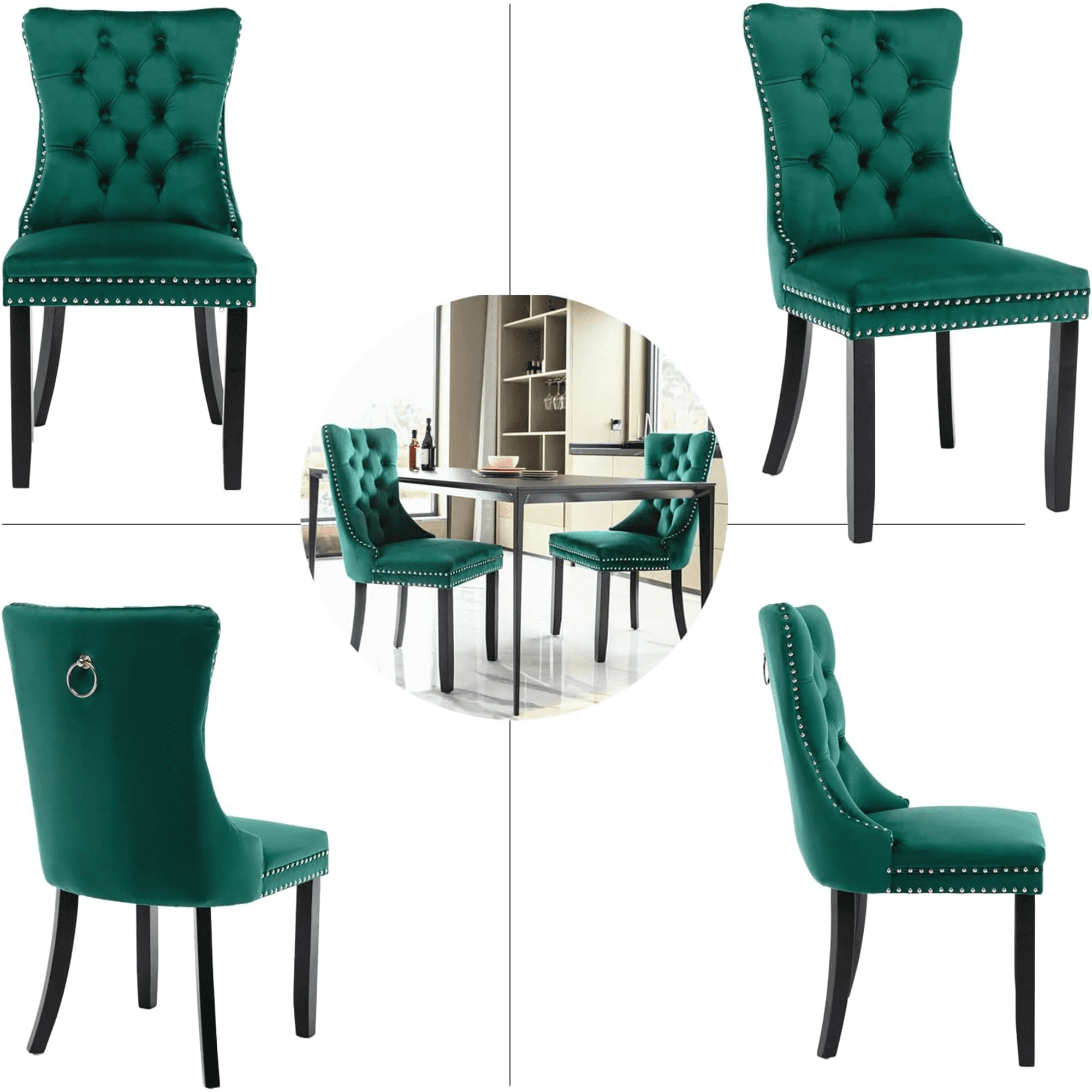 Dining Chairs Set of 2, Upholstered High-End Tufted Dining Room Chair with Back Ring and Nailhead Trim, Modern Velvet Kitchen Chairs with Solid Wood Legs for Kitchen, Home,Green,