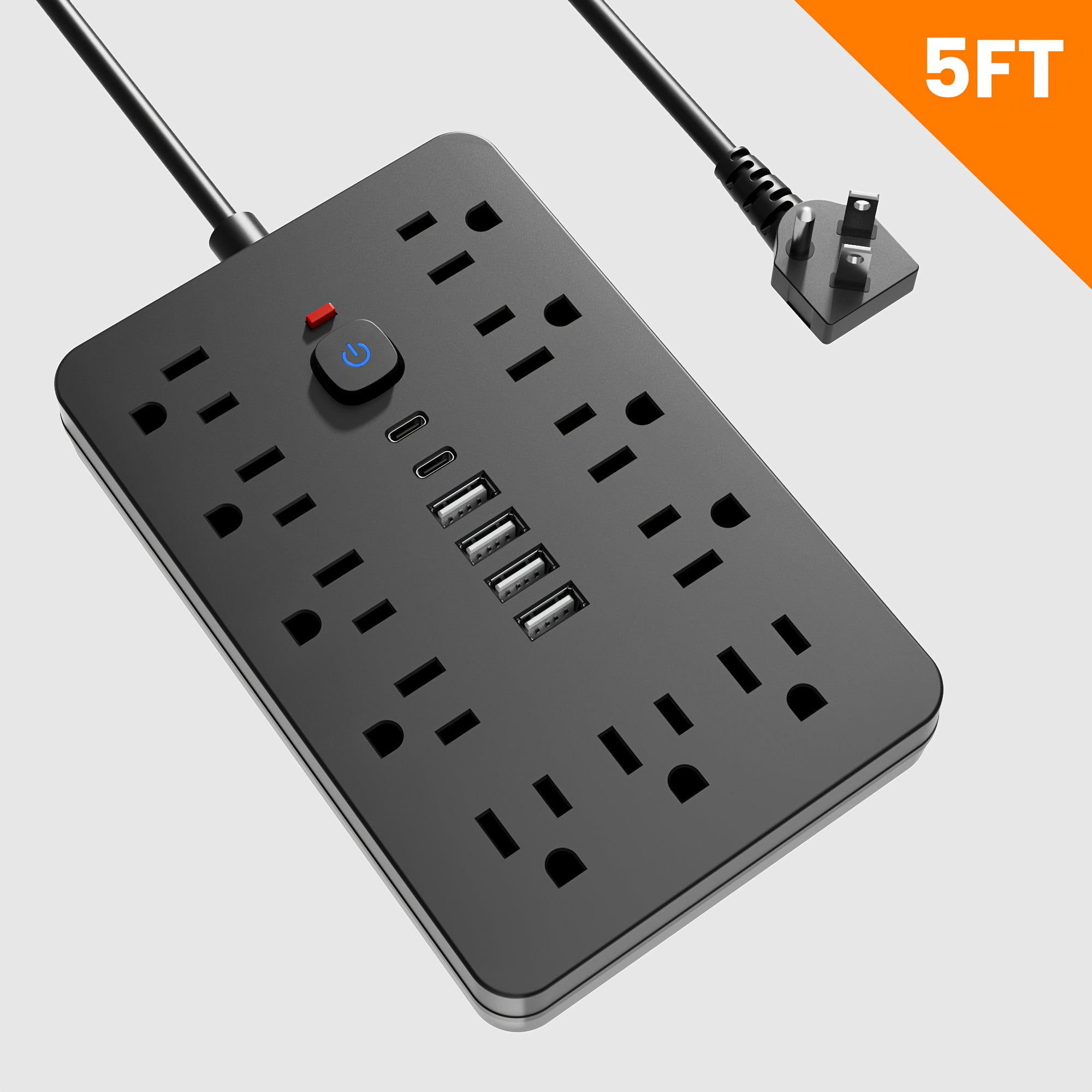 17-in-1 Flat Plug Power Strip Surge Protector, 11 Spacious AC Outlets & 6 USB Ports (2 Type-C), Overload Protection, Long Extension Cord, Multi Outlet Expander for Home Office Desk Wall Plug Adapter