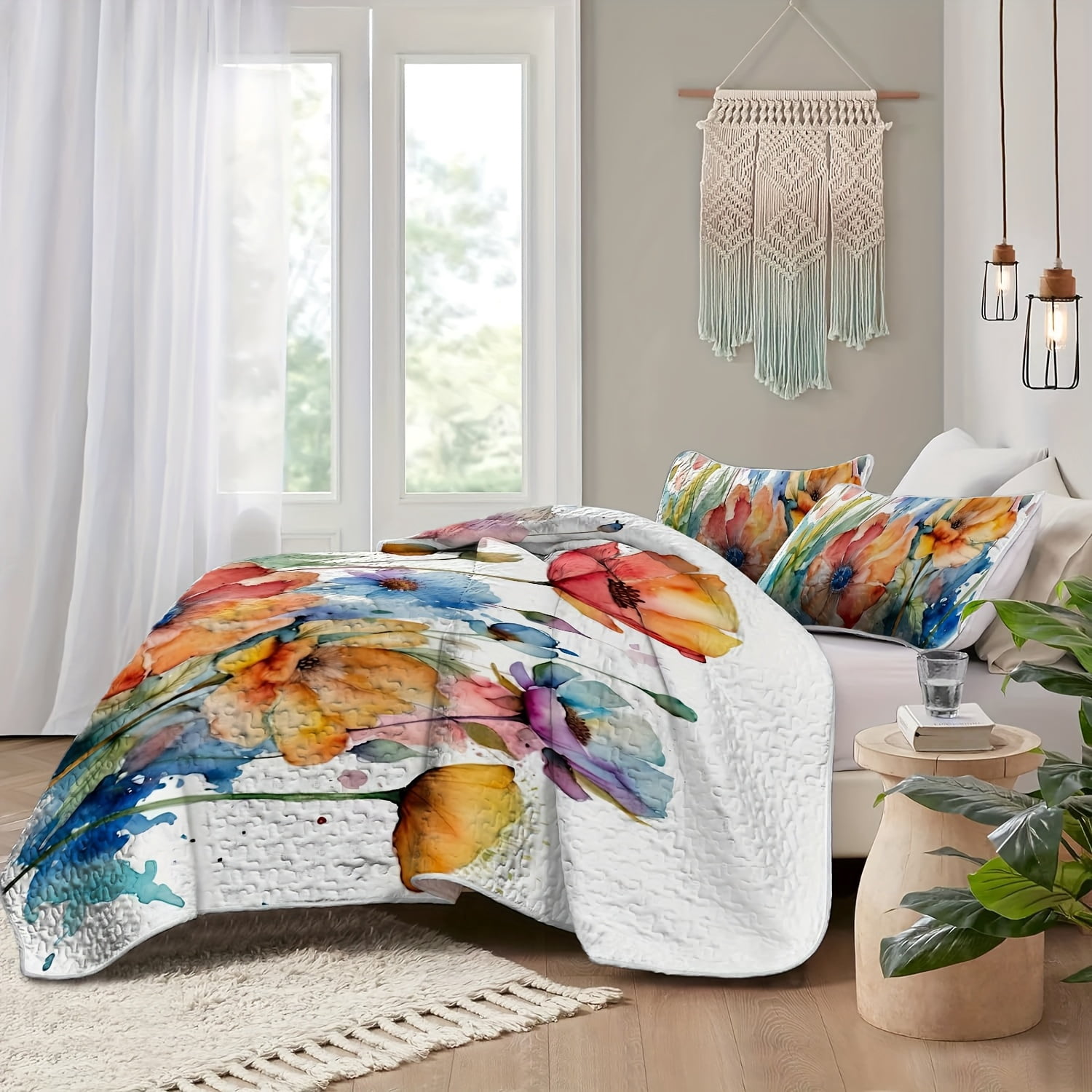 Flymme Quilts Sets Queen Size 3 Pieces Watercolor Art Floral Bedspread Coverlet with Pillowshams Lightweight Quilt Bedding Sets for Bedroom Decor