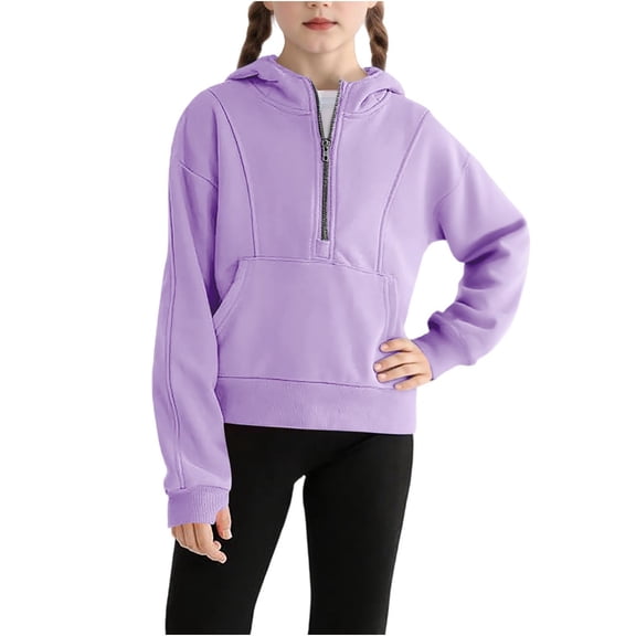 XUNKUSGA Girl Hoodie 5-13 Years Half Zip Solid Color Pullover Hoodies with Thumb Hole Loose Long Sleeve Fall Clothes Fleece Quarter Zip Tops for Teen Girls