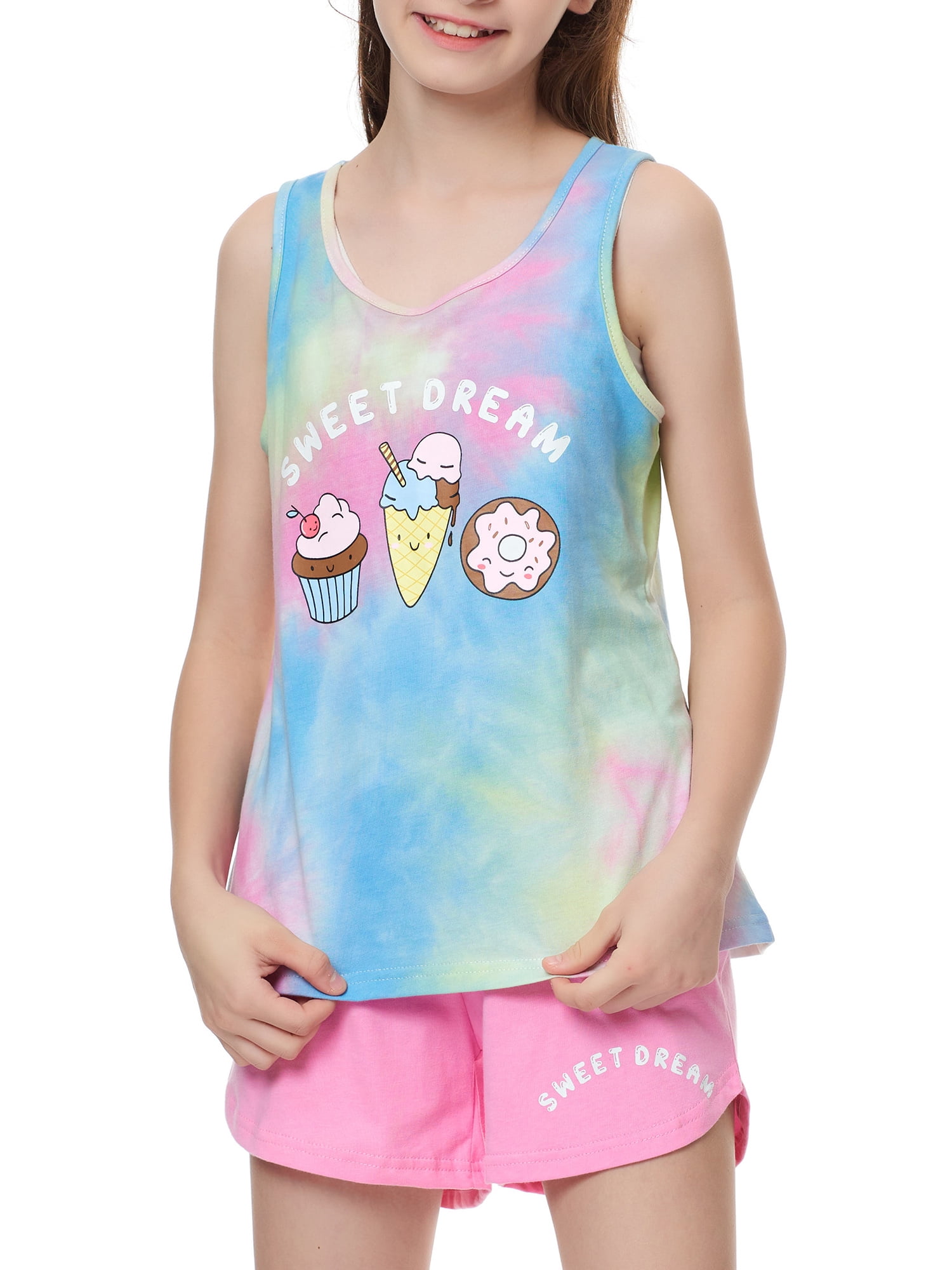 Beezizac 2-Piece Girls Sleepover Tie Dye Tank Top & Shorts Pajama, Size 6-18