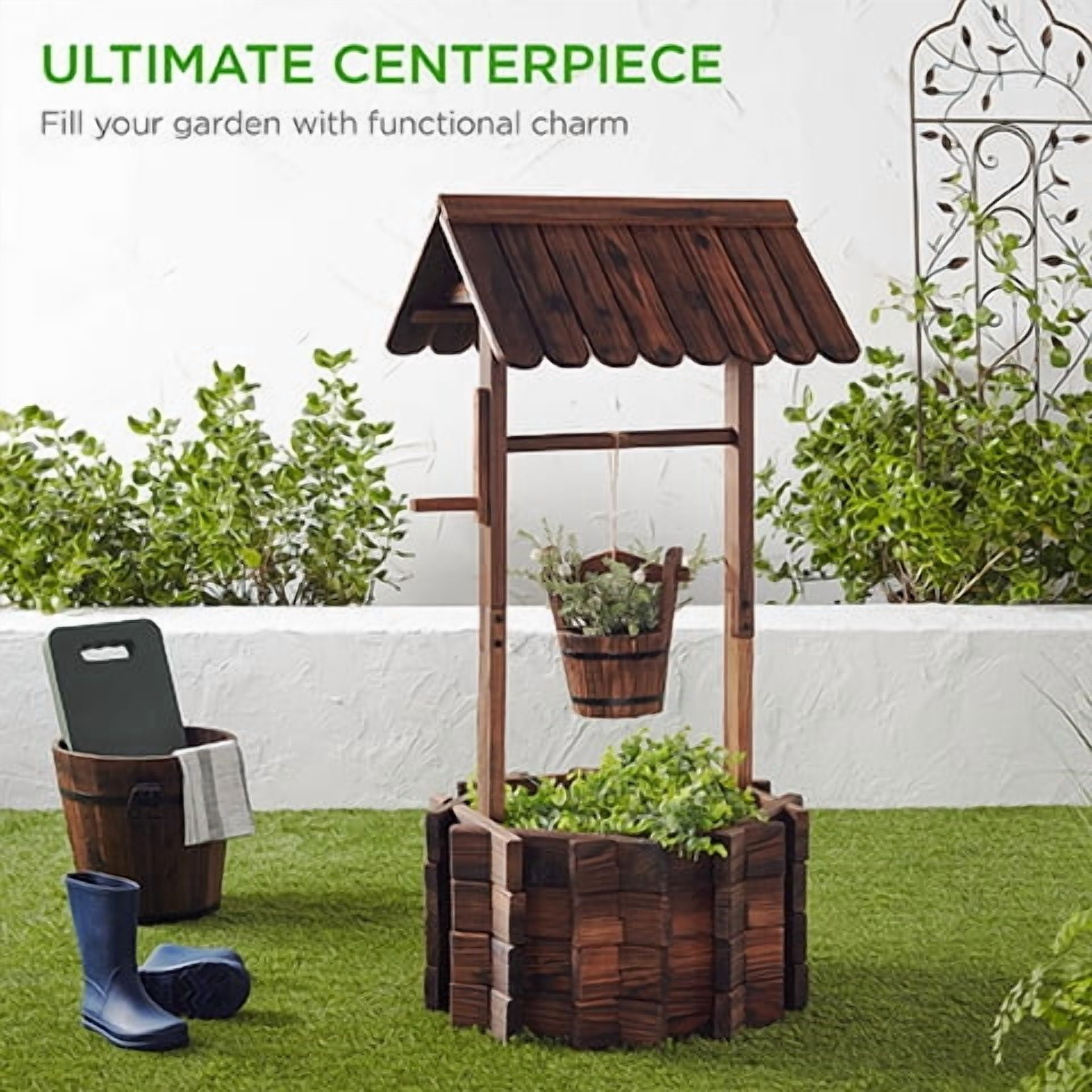 Best Choice Products 21.5" Rustic Wooden Wishing Well Planter Outdoor Home Decor for Patio, Garden, Yard w/ Hanging Bucket