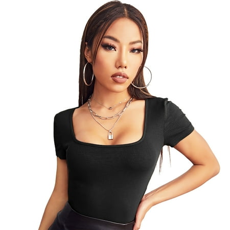 

BESTHUA Short Cap Sleeve Square Neck Top Women s Rib Knit Top Slim Fit T-Shirt Tops Elegant T-Shirt Crop Tees for Women Ladies