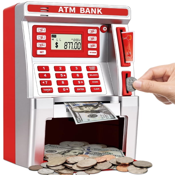 Cajero automático BAODLON Piggy Bank para niños con tarjeta de débito rojo