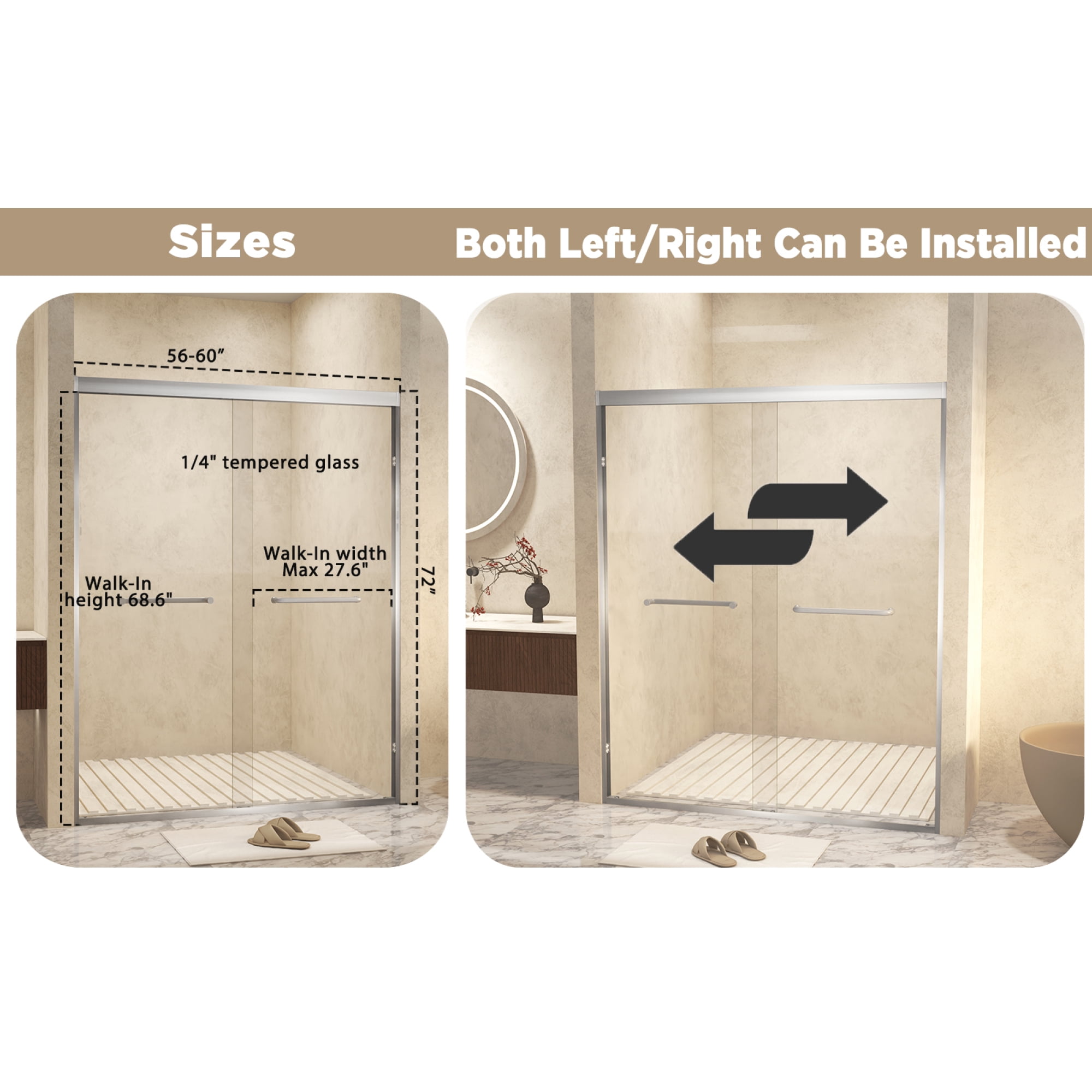 56-60 in.W x 72 in.H Double Sliding Framed Shower Door,Clear Tempered Glass,Stainless Steel Frame,Brushed Nickel 02