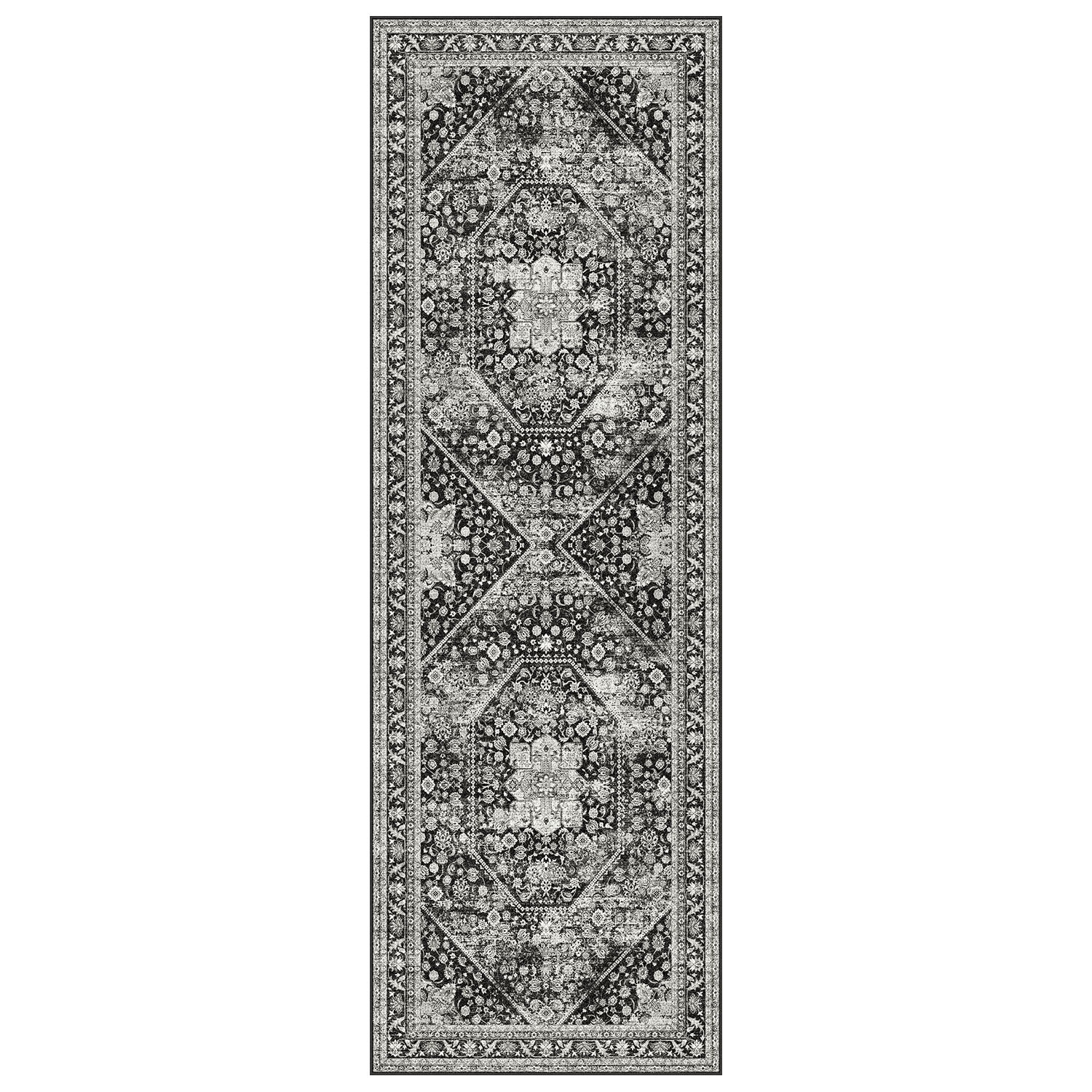 2x6 Runner Rug, Washable, Non-Slip, Stain-Resistant Low-Pile Vintage Floral Persian Rug for Kitchen, Entryway, Passage, -Black