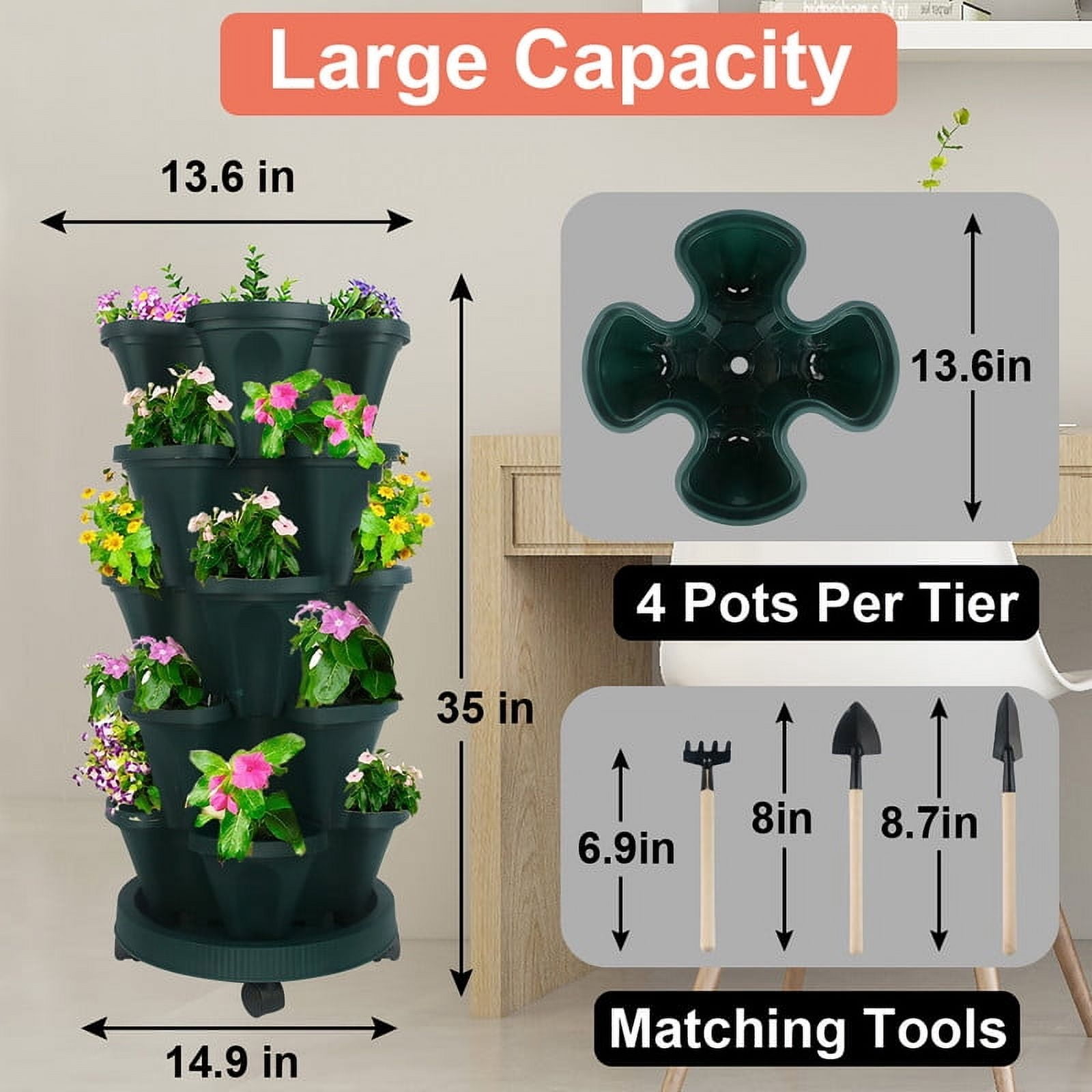 iHomeGarden Vertical Planter 5-Tier Stackable System - Indoor/Outdoor Garden Kit for Strawberries, Herbs, Vegetables (Beginner-Friendly Design), Green
