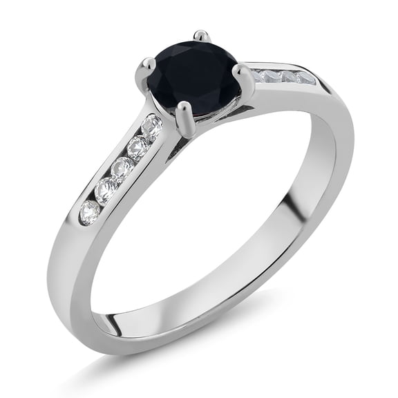 Gem Stone King 925 Sterling Silver Black Onyx and White Created Sapphire Engagement Ring for Women | 0.58 Cttw | Round 5MM | Gemstone December Birthstone | Size 5