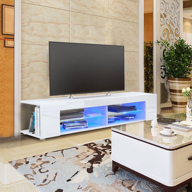 Mgaxyff Tv Table White Cabinet High Gloss Front Stand With Blue Led Light For Living Room Com Mgaxyff Tv Table White Cabinet High, Light Oak Tv Stand And Coffee Table