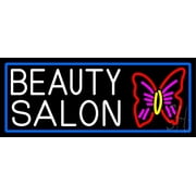 Beauty Salon With Butterfly Logo With Blue Border LED Neon Sign 13 x 32 - inches, Black Square Cut Acrylic Backing, with Dimmer - Bright and Premium built indoor LED Neon Sign for Defence Force.