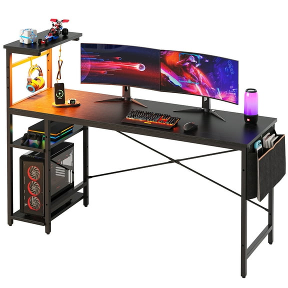 Bestier Bureau d'Ordinateur de Jeu Réversible de 63 Pouces avec Lumières DEL, Étagères à 4 Niveaux, Noir