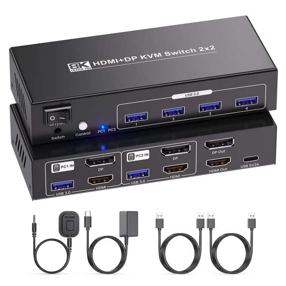 2 Monitors 2 Computers HDMI DP KVM Switch, Dual Monitor KVM Switcher Supporting 8K@60Hz and 4K@120Hz, Built-In USB 3.0 Hub for Controlling Two PCs With One Keyboard, Mouse and Two Screens