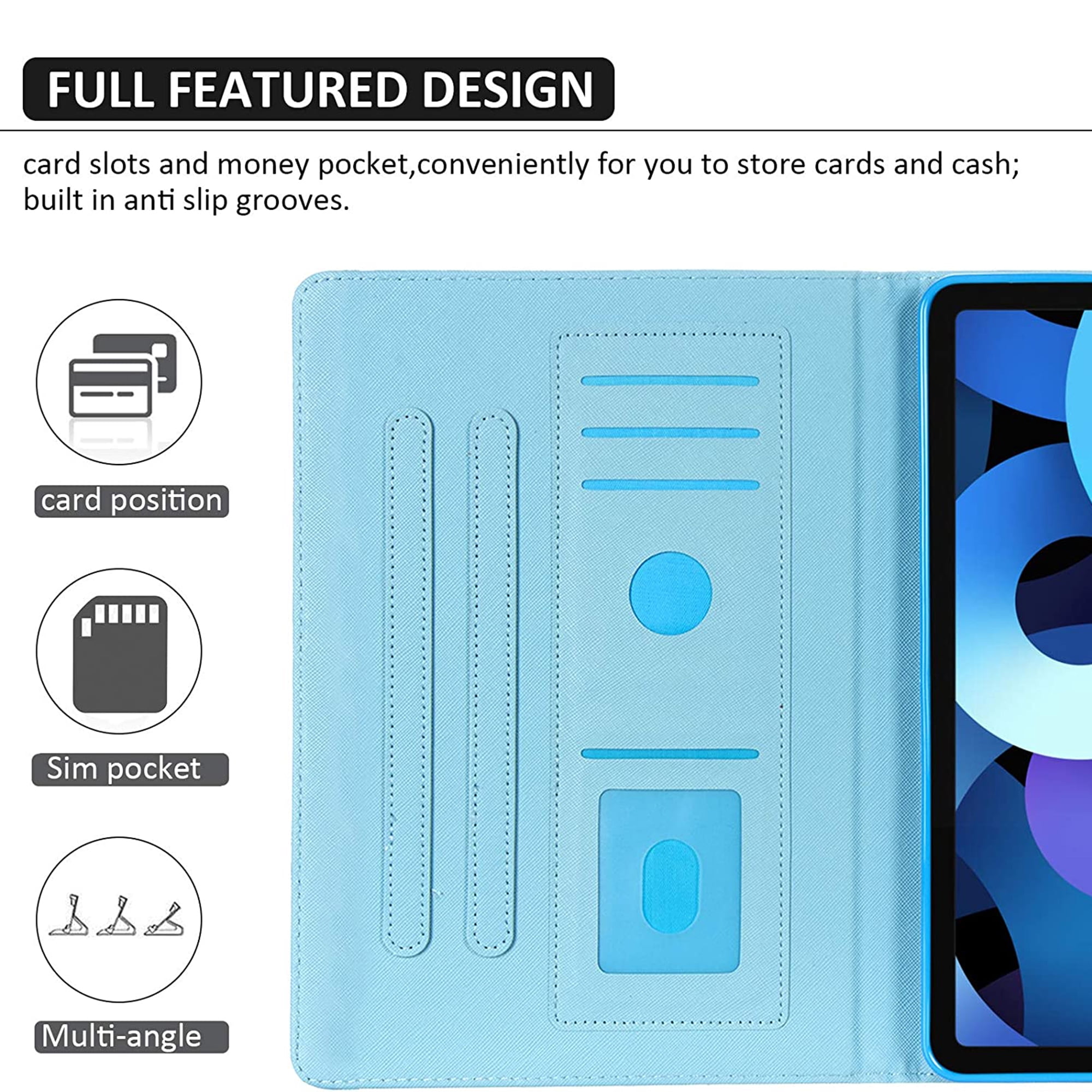 Dteck Folio Case for iPad 10th Generation 2022, Multi-Angle Stand Auto Wake Sleep Smart Cover w/Pencil Holder & Card Slots for Apple iPad 10th Gen 10.9 inch, Blue