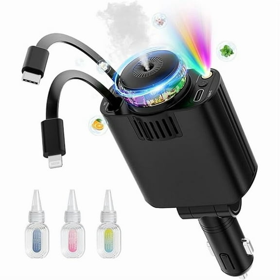 wonima99 Retractable Car Charger with Aromatherapy and Starlight, 5 in 1 USB C Car Charger for iPhone 16 15 14 13 12 11, Fast Charging Compatible with iPhone Android (Black)