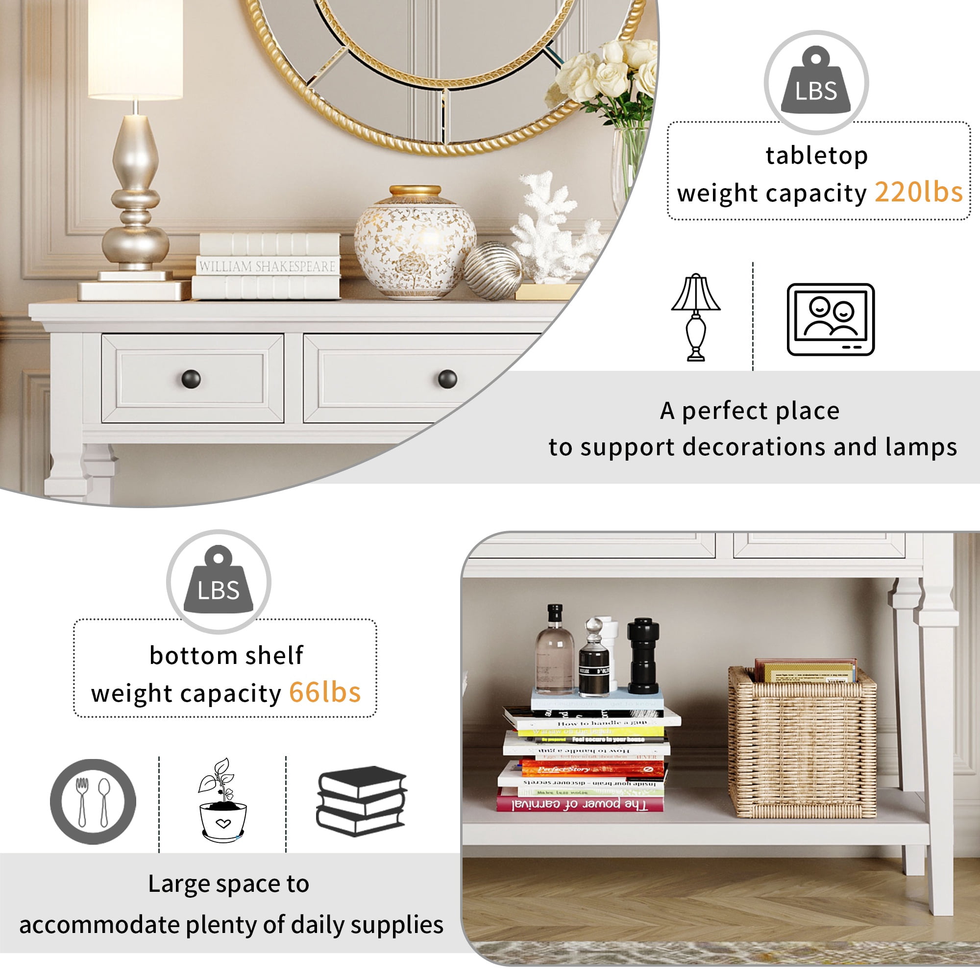 PORKISS 50" Console Table with 3 Storage Drawers, Narrow Long Entryway Table with Bottom Shelf, Vintage Sofa Table with Wood Frame for Living Room Entryway/Hallway/Foyer, Antique White