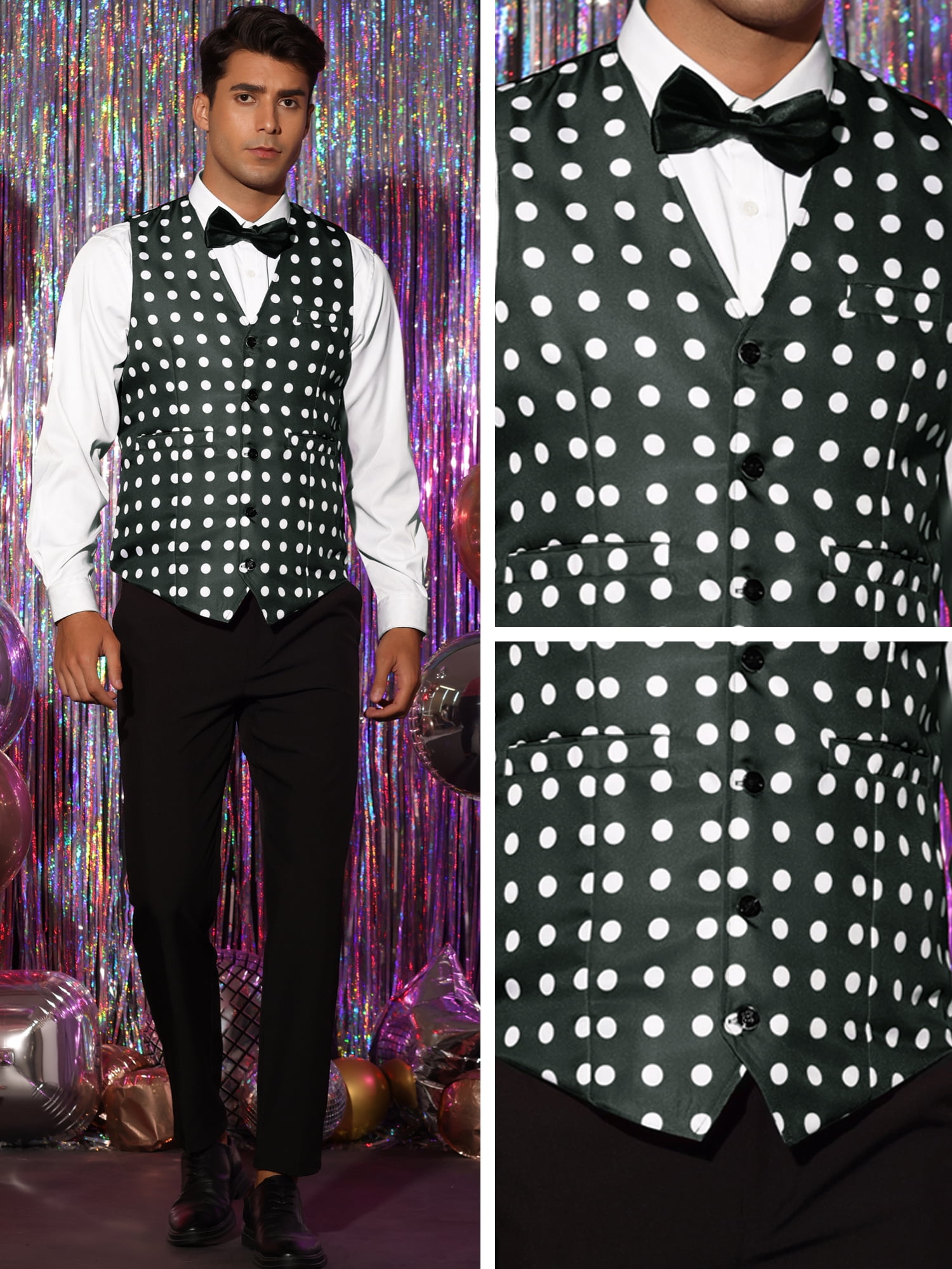 Unique Bargains Men's Dress Slim V-Neck Sleeveless Polka Dots Pattern Waistcoat Vest S Black