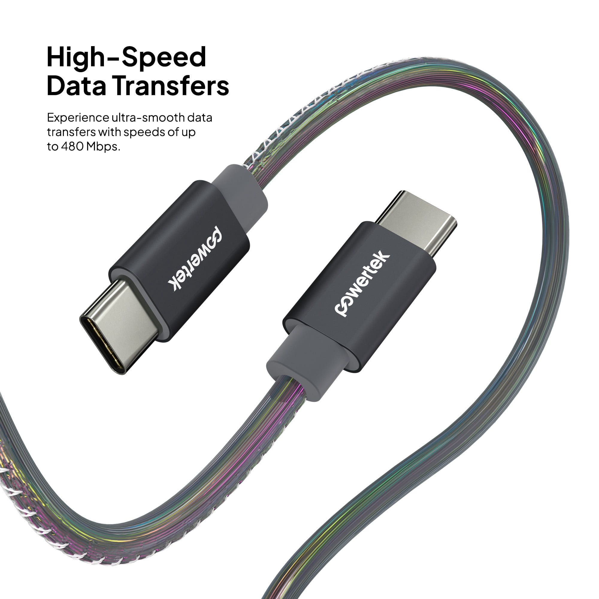 Powertek USB-C to USB-C (Type-C) Metallic Shine Pastel Fast Charging Cable, 60W, 6 ft, Black