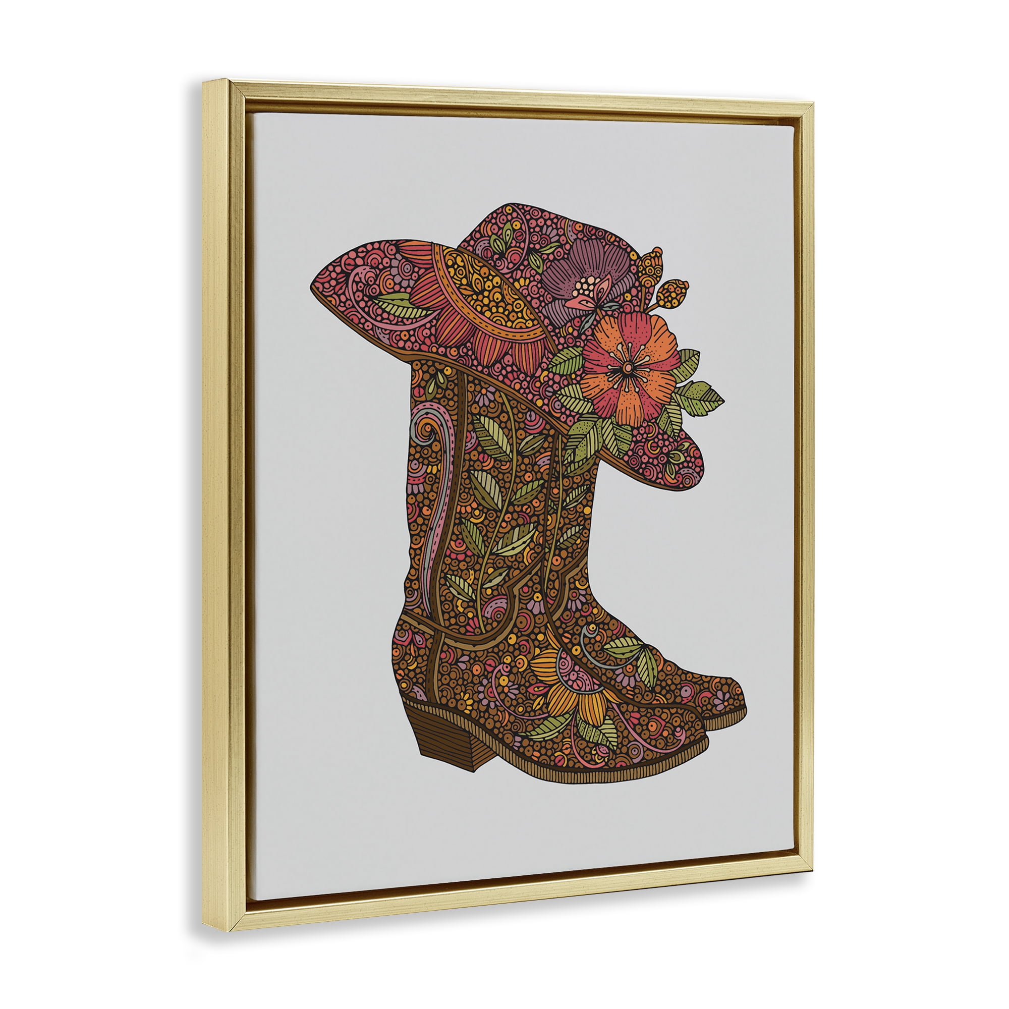 Stupell Industries Paisley Cowboy Boots Botanical & Floral Painting Gold Floater Framed Canvas Art Print Wall Art, 17 x 21
