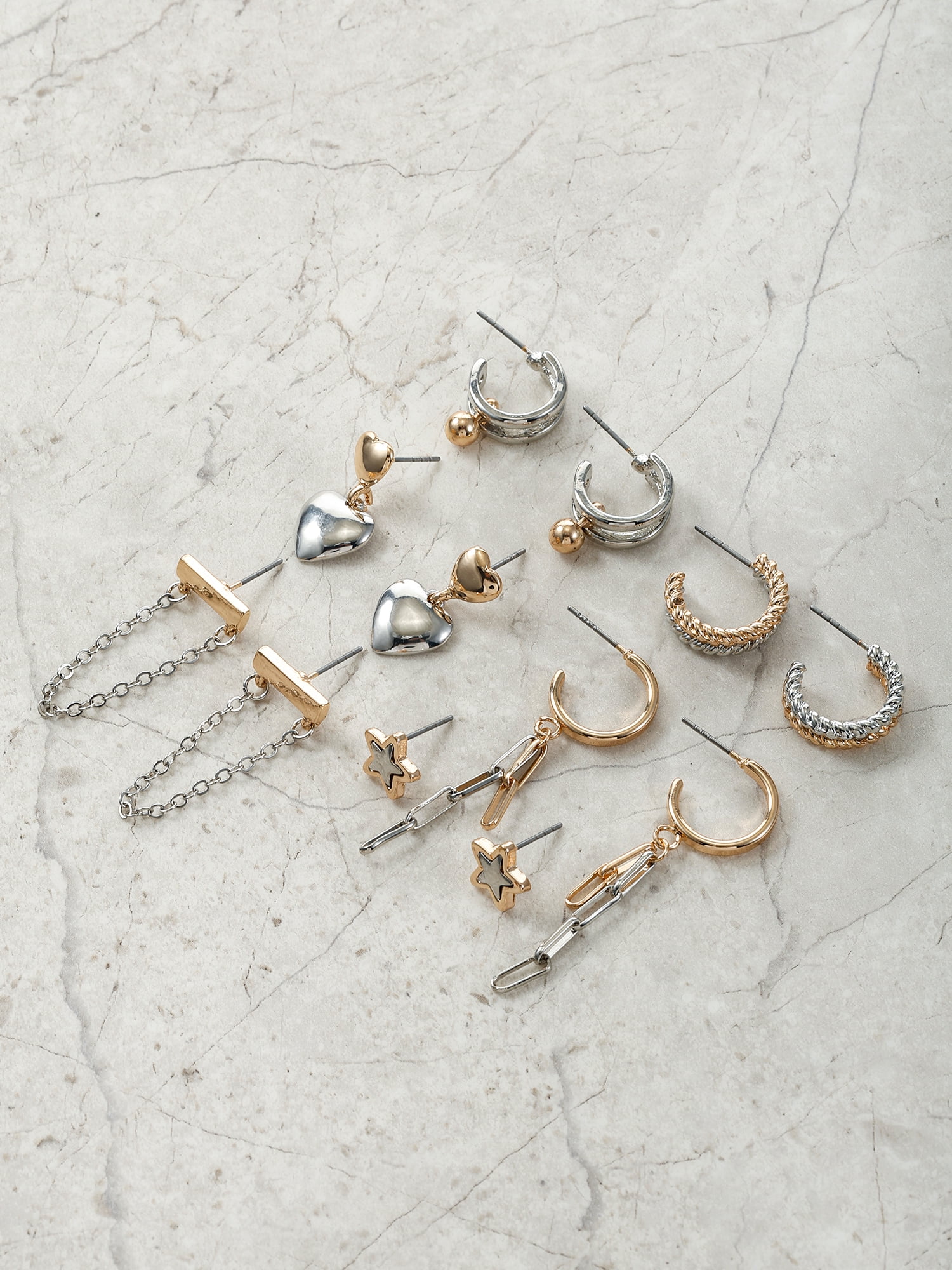 No Boundaries Mixed Gold-Tone and Silver-Tone Earring Set with Studs and Mini Hoops, 6-Pack, Women's