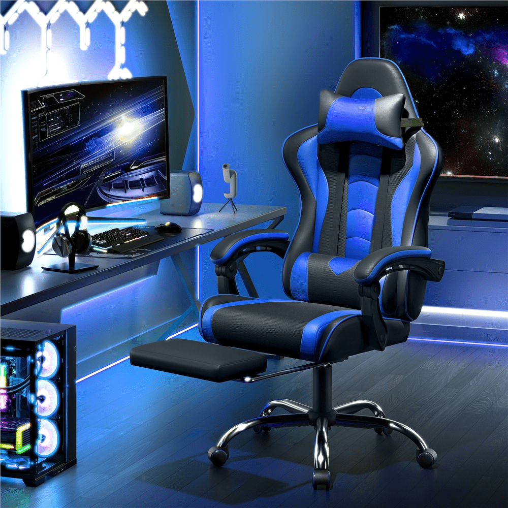 Alden Design High Back Reclining Ergonomic Gaming Chair with Slide Out Footrest, Black/Blue