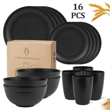 16-Piece Plastic Wheat Straw Dinnerware Set,Dish Set for 4 Salad Plates,Cereal Bowls,and Cups Set,Unbreakable and Lightweight,Microwave & Dishwasher Safe,Black
