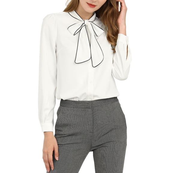 INSPIRE CHIC Women's Back to School Tie Neck Button Down Work Long Sleeves Blouse Shirts XS White