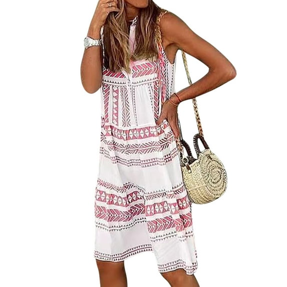 TWZH Women Summer Ethnic Print V Neckline Sleeveless Casual Dress