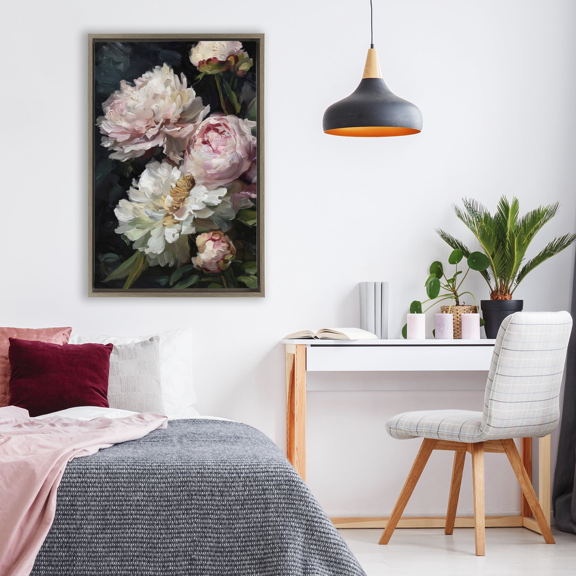 Stupell Industries Soft And Moody Peonies Brown Framed Floater Canvas Wall Art, design by Petal Prints Design