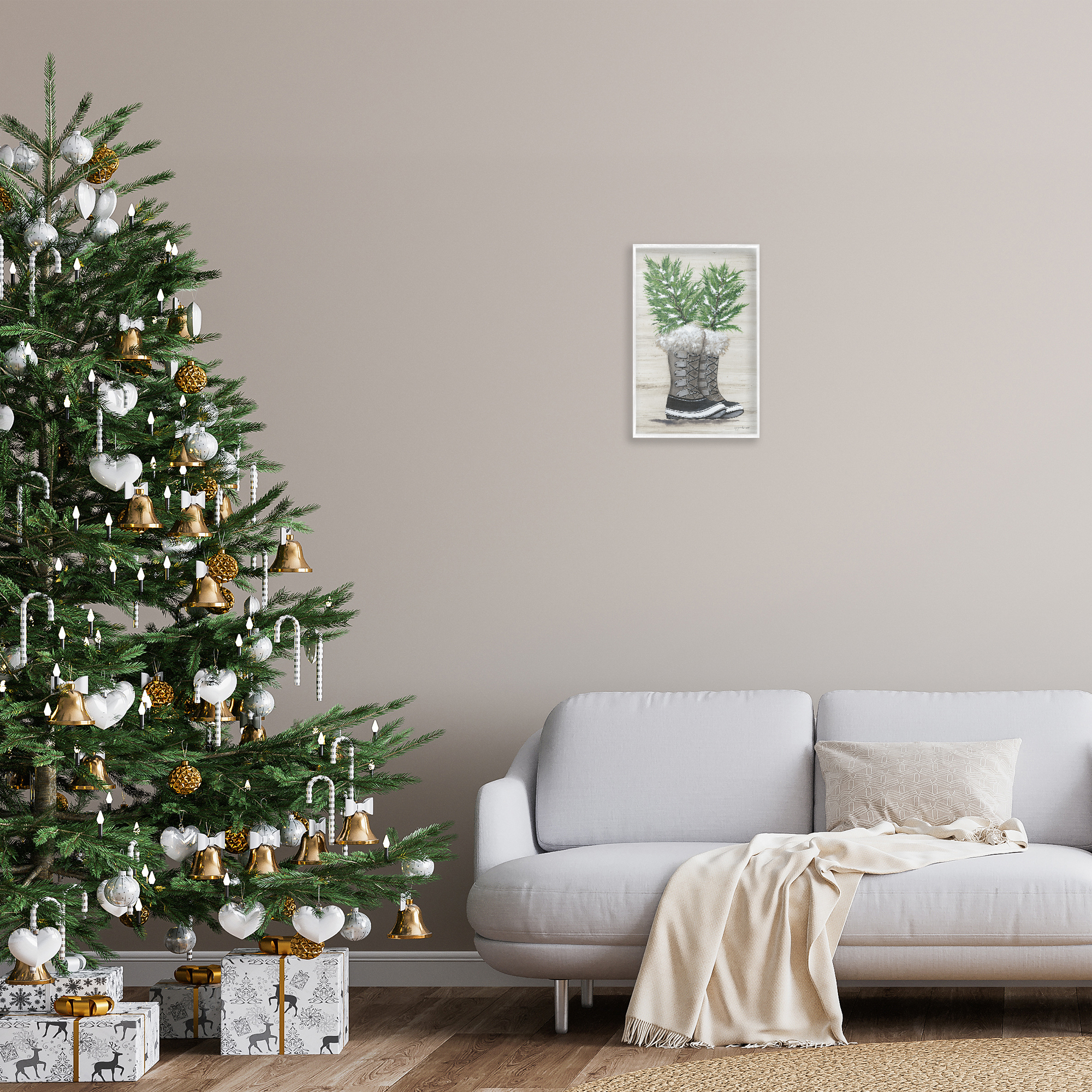 Stupell Industries Winter Sprigs in Boots Botanical & Floral Painting White Framed Art Print Wall Art, 12 x 18