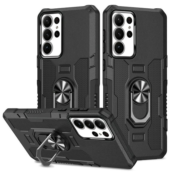 Dteck Case for Samsung Galaxy S23 Ultra,Shockproof Rubber Case with 360° Ring Holder Support Car Mount Hybrid Bumper Silicone Hard Back Cover,Black