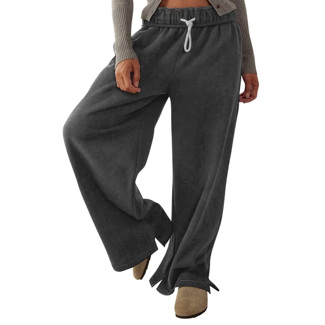 KIHOUT Baggy Wide Leg Pants for Women Solid Color Elastic Drawstring Sweatpants Casual High-Waisted Fall Trousers