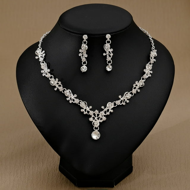 Nvzi Conjunto de joyas de novia con forma de lágrima y diamantes de imitación, collar y pendientes para boda, A05