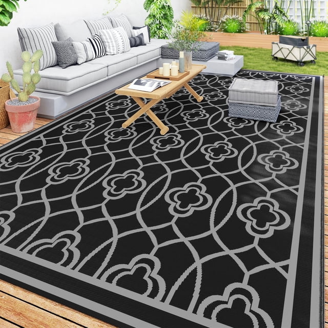 Outsunny Reversible Outdoor RV Rug, 9' x 18', Lantern, Black & Grey