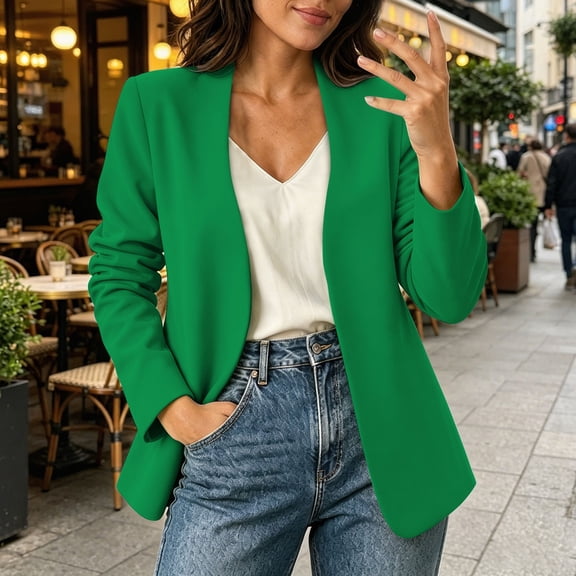 Nmnitkp Women's Collarless Open Front Blazer Jacket, Long Sleeve Solid Color Casual Blazer for Work Office, Business Casual & Daily Wear Green,S