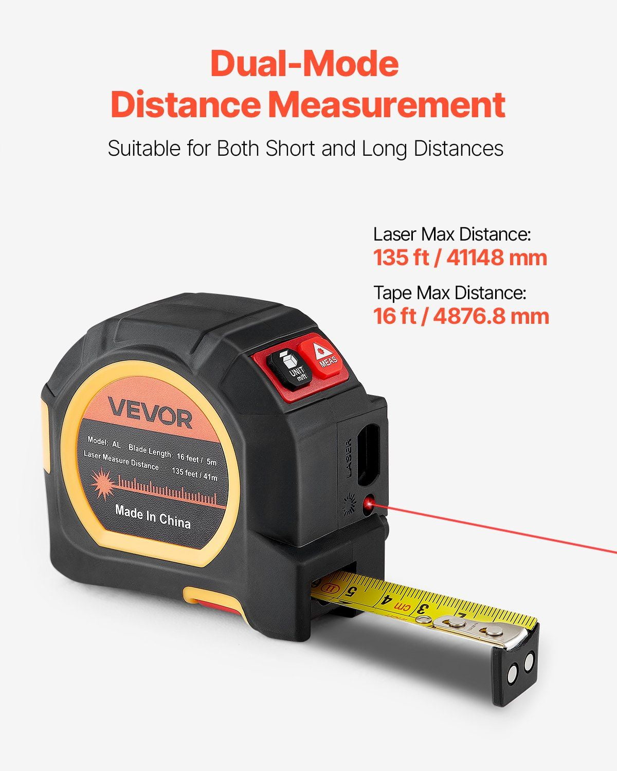 2-in-1 Laser Tape Measure 135ft Rechargeable Digital Distance Meter with 16ft Magnetic Steel Tape, Dual Imperial Metric Scale, ABS Impact Resistant Case, Backlit LCD Display for Home