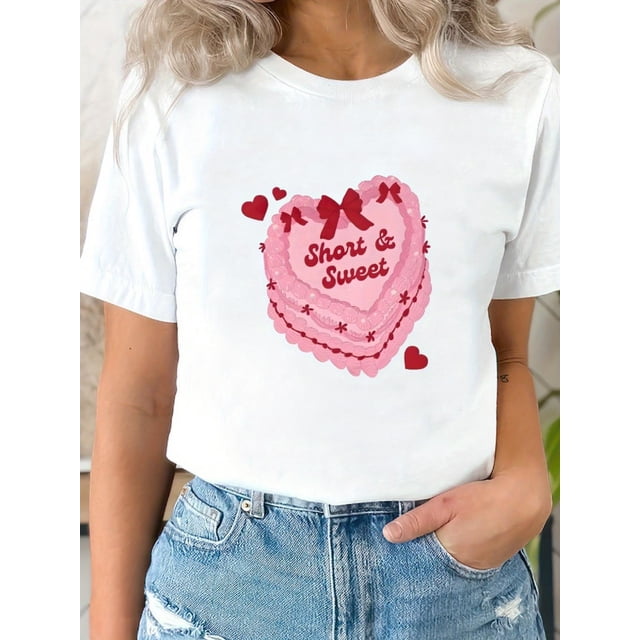 Women's Cotton Graphic Tee - Breathable & Comfortable, Casual Sporty Style with Cute Heart Print, Round Neck Short Sleeve T-Shirt Tee For Adult, Men, Women, Teen, Teenager, Adolescent, Youth