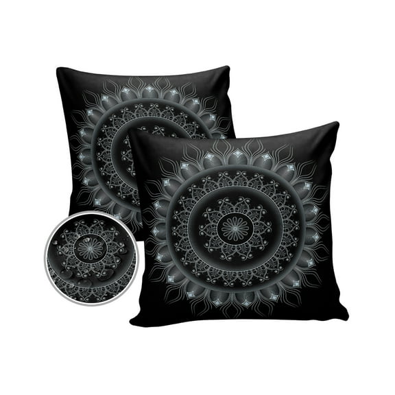 Pack of 2 Outdoor Pillow Covers, Mandala Floral Pattern Bohemian Style Black Waterproof Square Throw Pillowcase Cushion Decorative Pillow Covers for Couch Patio Tent, 26x26 in