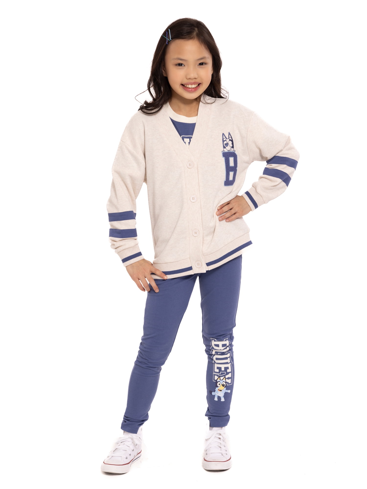 Bluey Girls Varsity Cardigan Sweater with Long Sleeves, Sizes 4-16