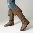 thumbnail image 2 of Knee High Motorcycle Riding Boots for Women Vintage Buckle Low Heel Mid Calf Combat Work Tall Boots, 2 of 6