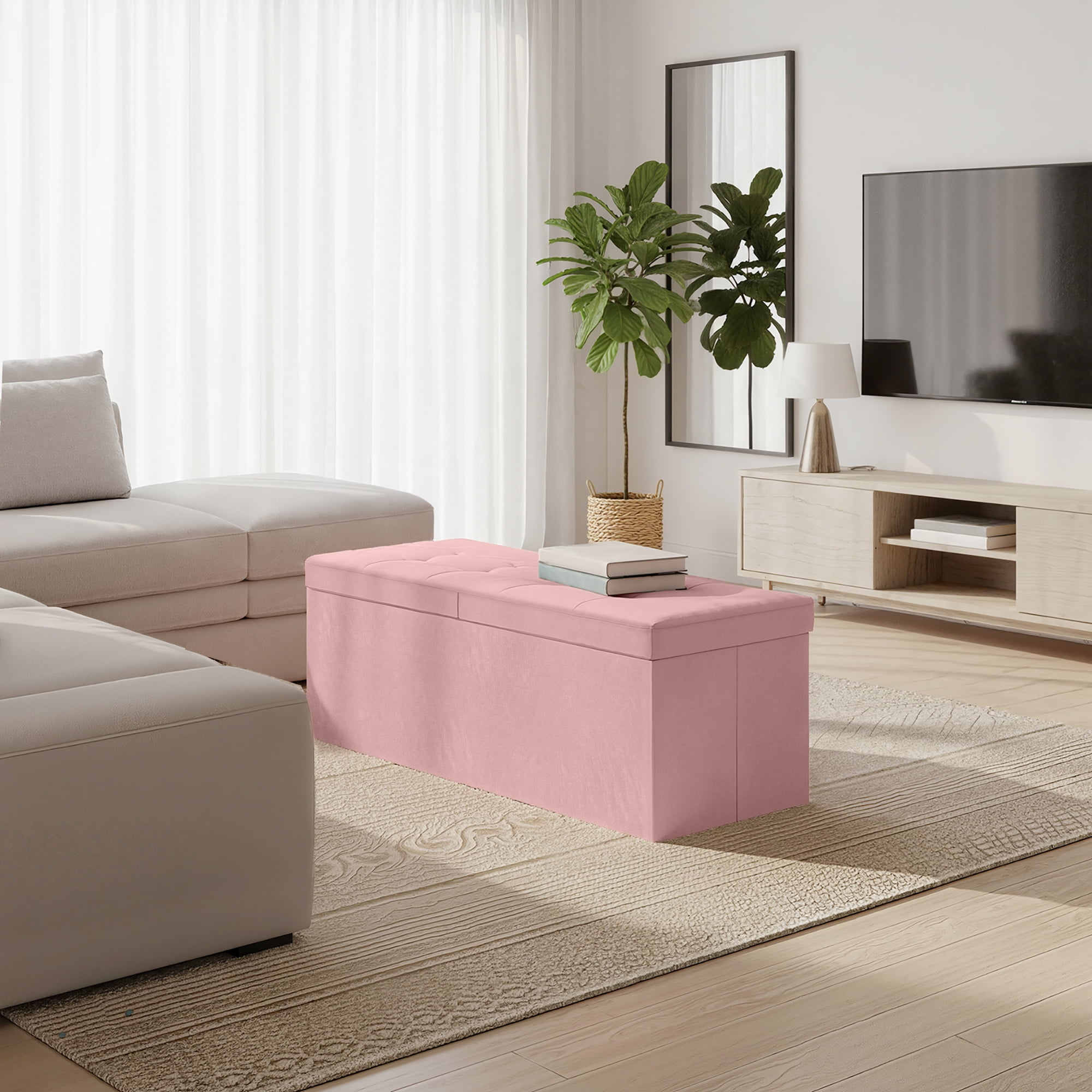 LEDREM 43" Foldable Storage Ottoman Bench with Flipping Lid, MDF Seat with Divider, 660 lb Capacity for Entryway, Living Room, Bedroom, Velvet Footstool, Jelly Pink