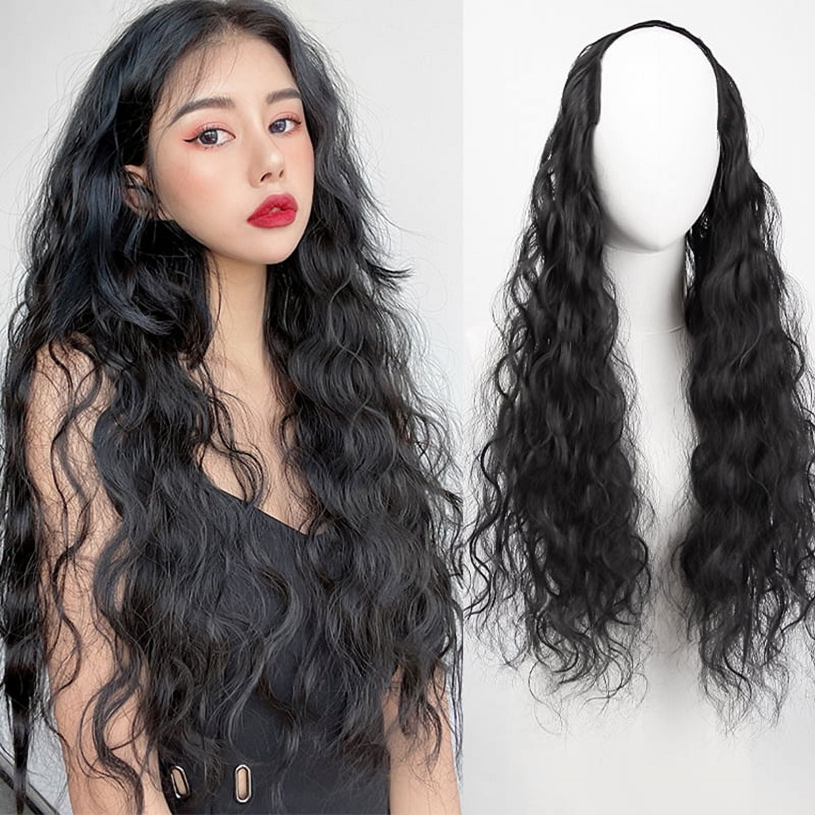 Synthetic U-Shaped corn beard wig piece clip in hair extension water ripple hairpiece black long wavy curly fake hair piece