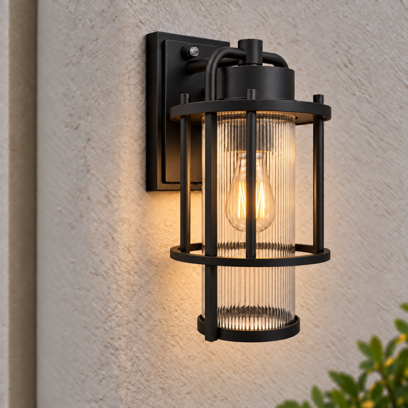 Outdoor Wall Lantern with Dusk to Dawn Light Sensor, IPX5 Waterproof Exterior Porch Light with E26 Socket, Modern Black Wall Sconce for Entryway, Garage, Patio