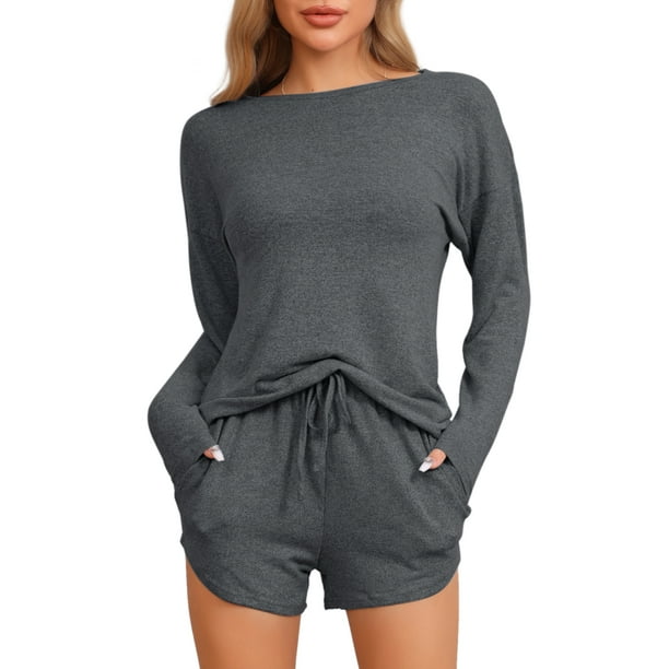 Conjunto de pijamas para mujeres INSPIRE CHIC, de manga larga, con cintura elástica, top y pantalones cortos, conjunto de ropa de casa, sudadera con bolsillos, talla M, gris oscuro