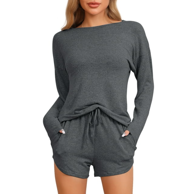 Conjunto de pijamas para mujeres INSPIRE CHIC, de manga larga, con cintura elástica, top y pantalones cortos, conjunto de ropa de casa, sudadera con bolsillos, talla M, gris oscuro